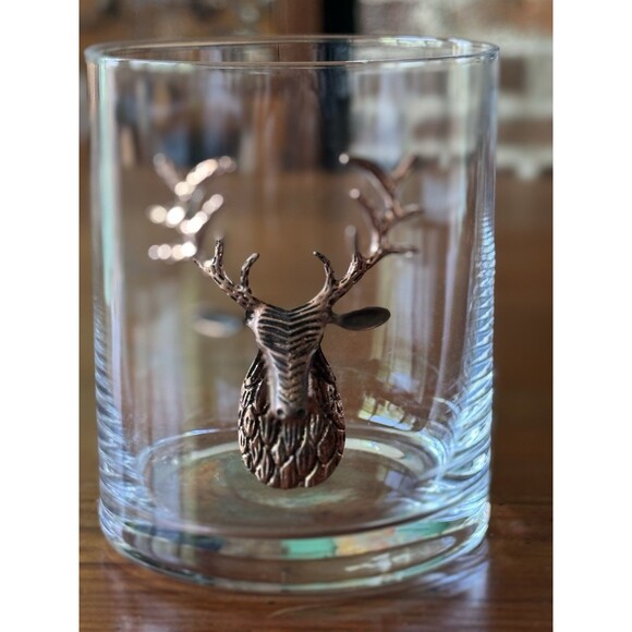 Brass Gold STAG Deer Medallion Double Old-Fashioned Glasses   (2) - Picture 4 of 10